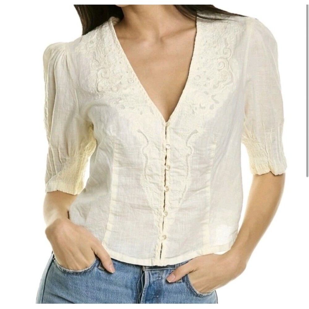 NEW FREE PEOPLE LAURIE 100% COTTON BUTTON DOWN EMBROIDERED SHIRT sz L PEASANT